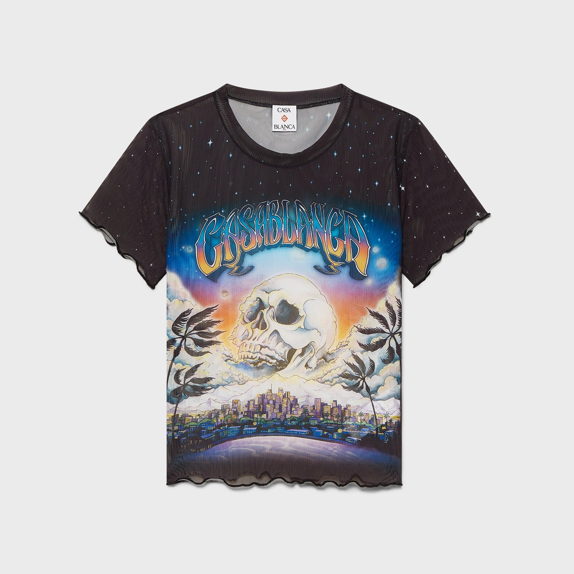 Casablanca Lettuce Hem Printed Mesh Tee - Black