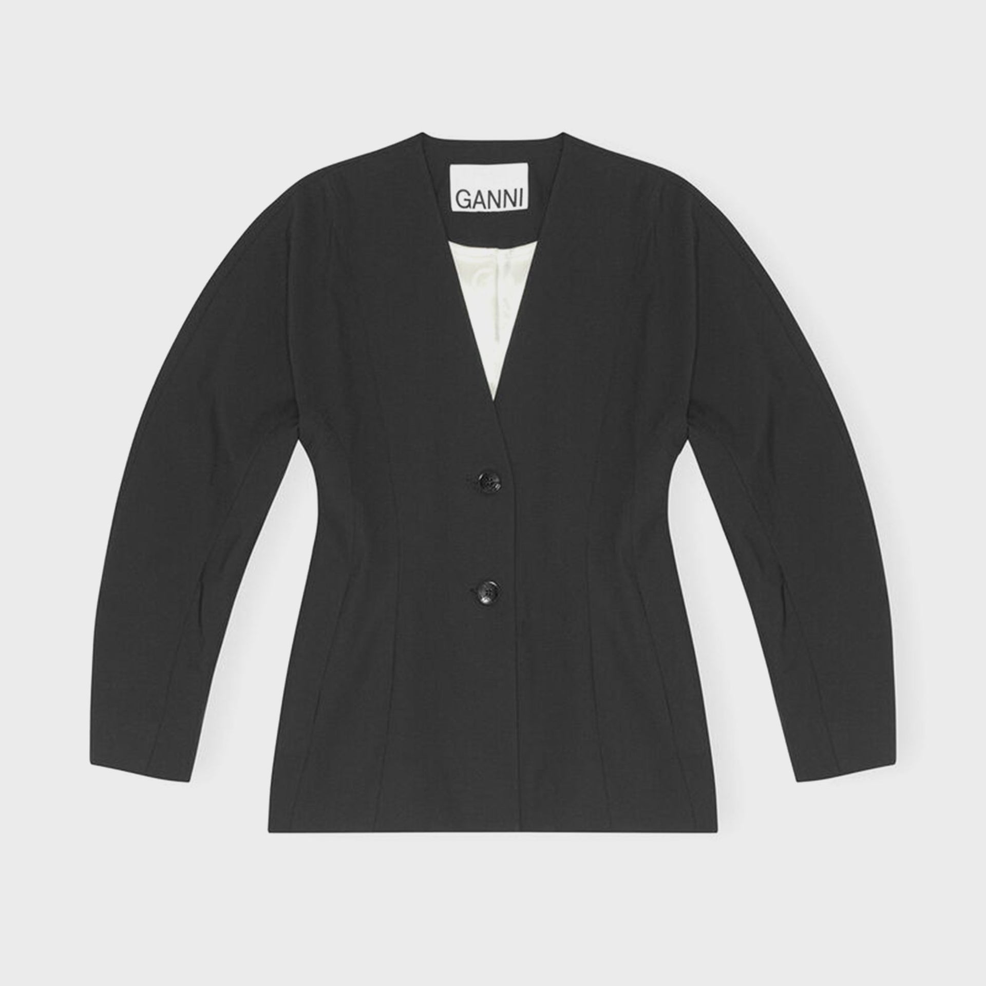 Ganni Drapey Melange Fitted Shaped Sleeve Blazer - Black