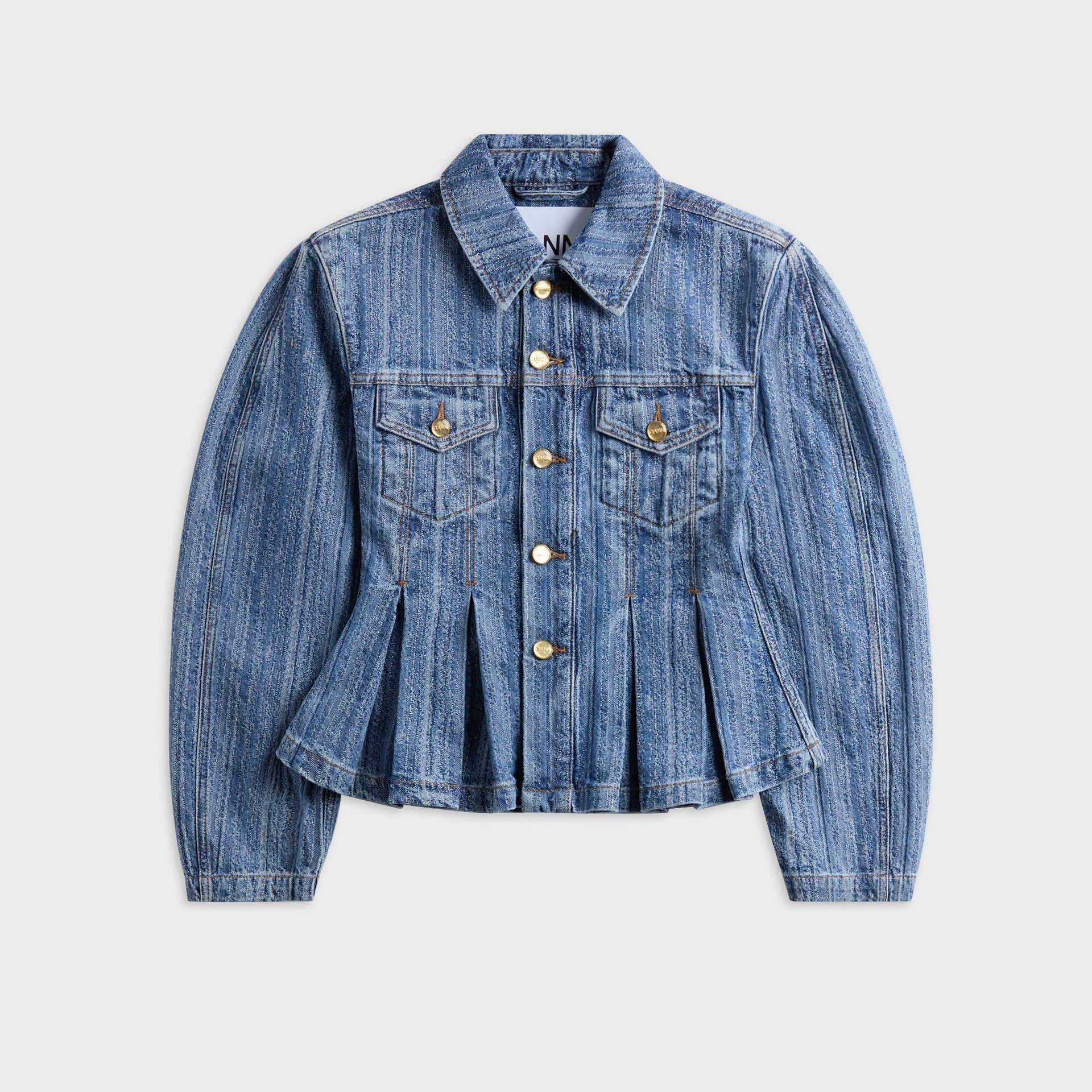 Ganni Structured Denim Fitted Jacket in Mid Blue Stone