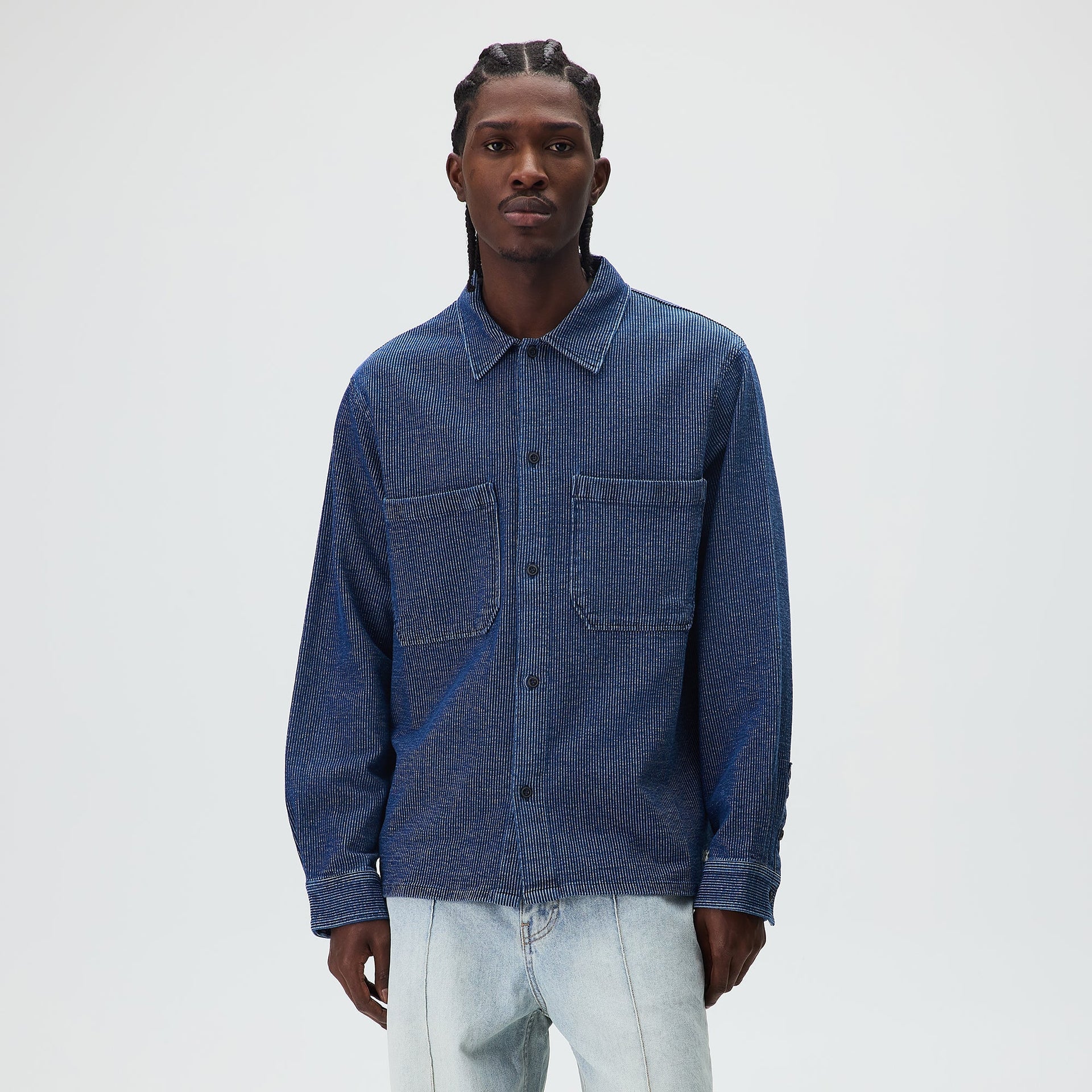 Kith Railroad Stripe Indigo Boxy Collar Overshirt - Dark Indigo