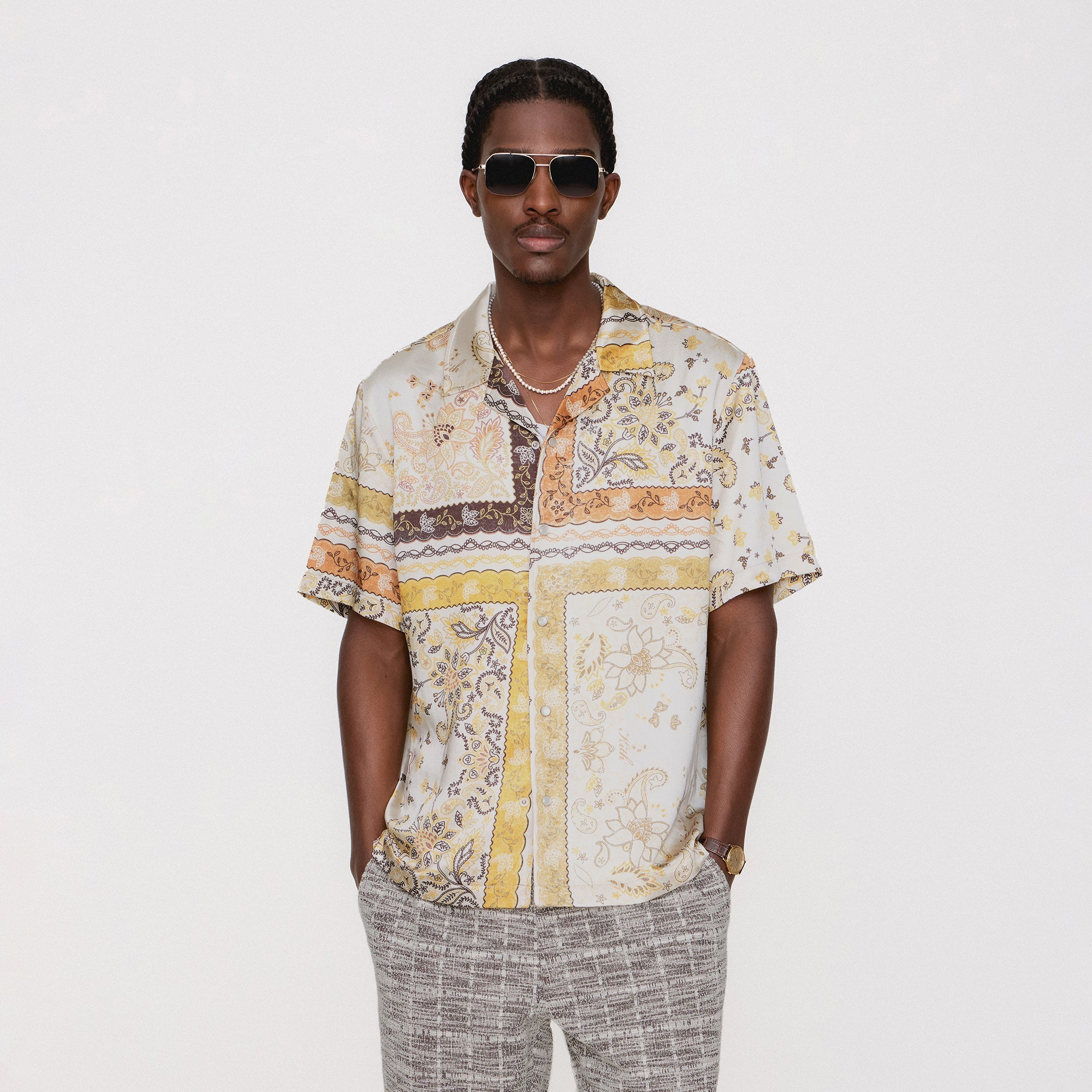 Kith ブラウン 半袖ボタンアップシャツ S KITH(キス) 刺しゅうロゴ半袖オープンカラーシャツ#KHM030459