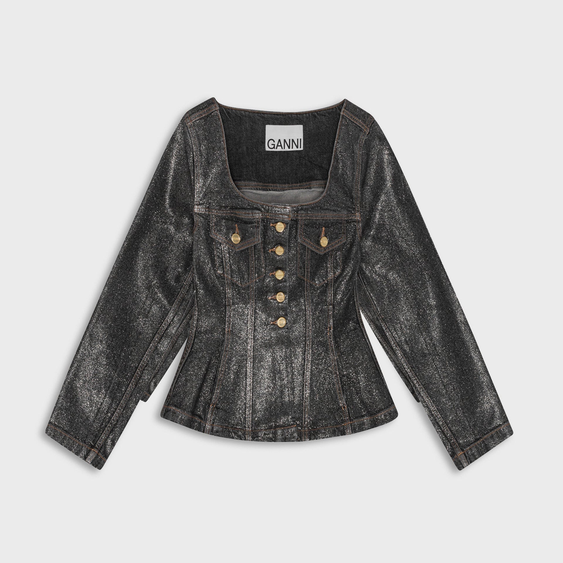 Ganni Shimmery Foil Denim Fitted Blazer - Washed Black