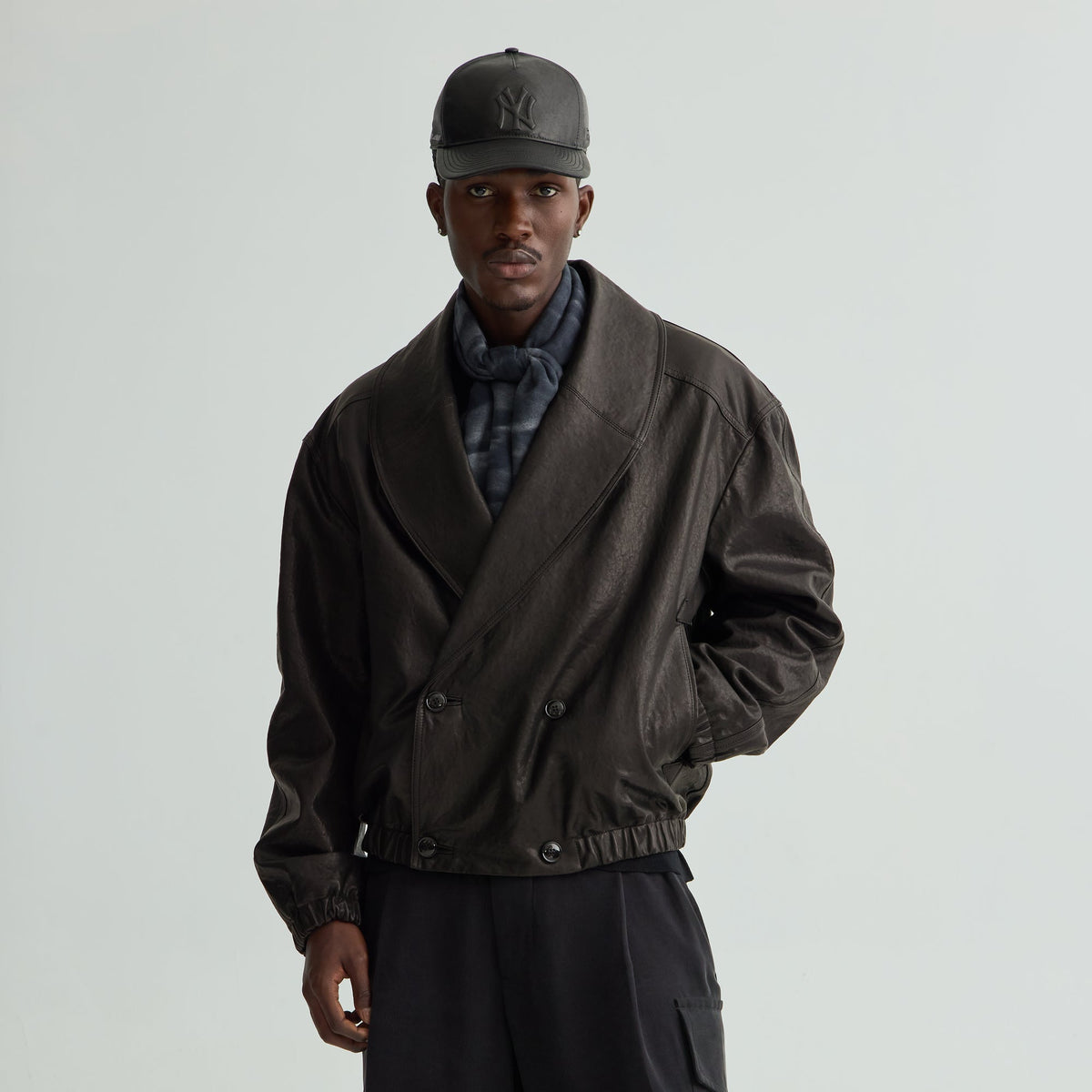 Giorgio Armani & Kith Lamb Leather High Neck Flight Jacket - Black Beauty