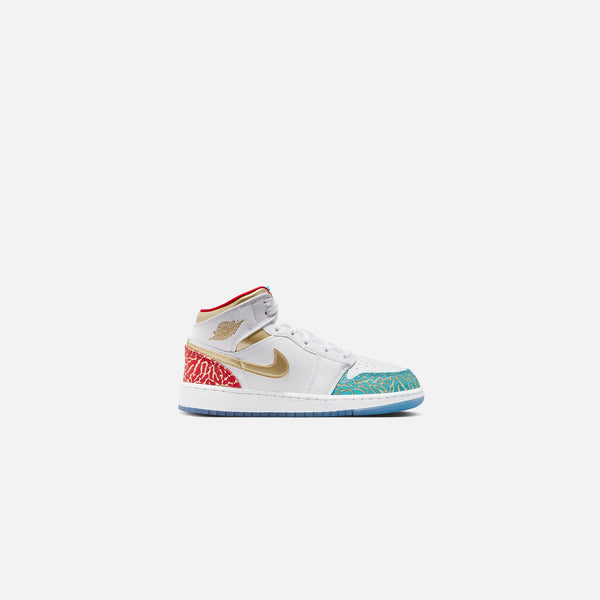 Nike GS Air Jordan 1 Mid - White / Metallic Gold / University Red