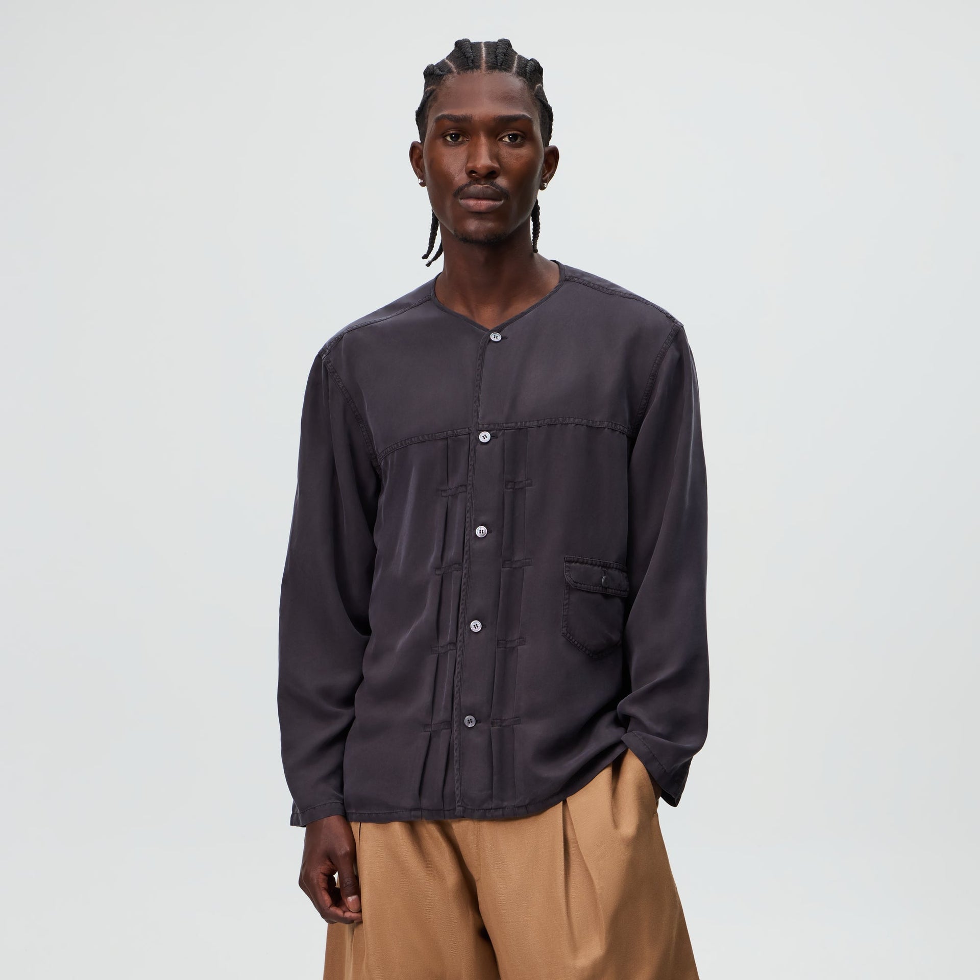 &Kin Garment Dyed Silk Collarless Yardley Shirt - Phantom Grey - PH