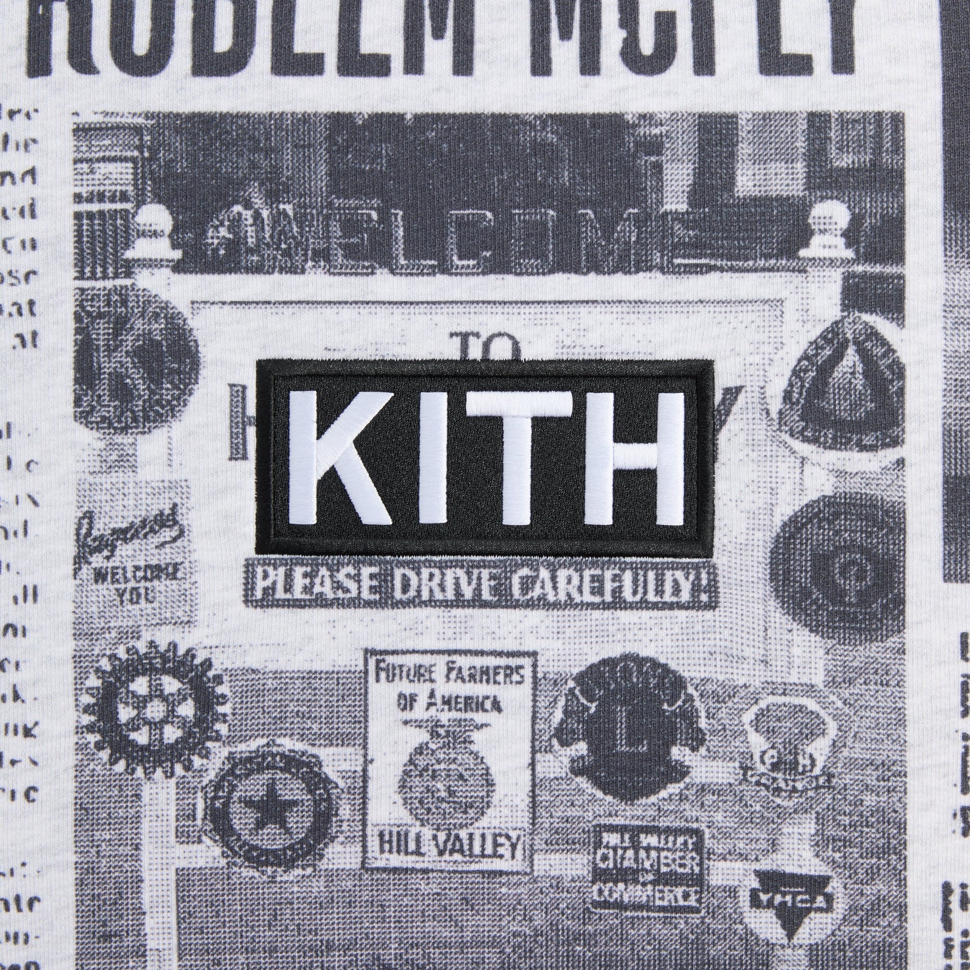 Kith for Back to the Future Newspaper All-Over Printed Nelson Crewneck - Light Heather Grey