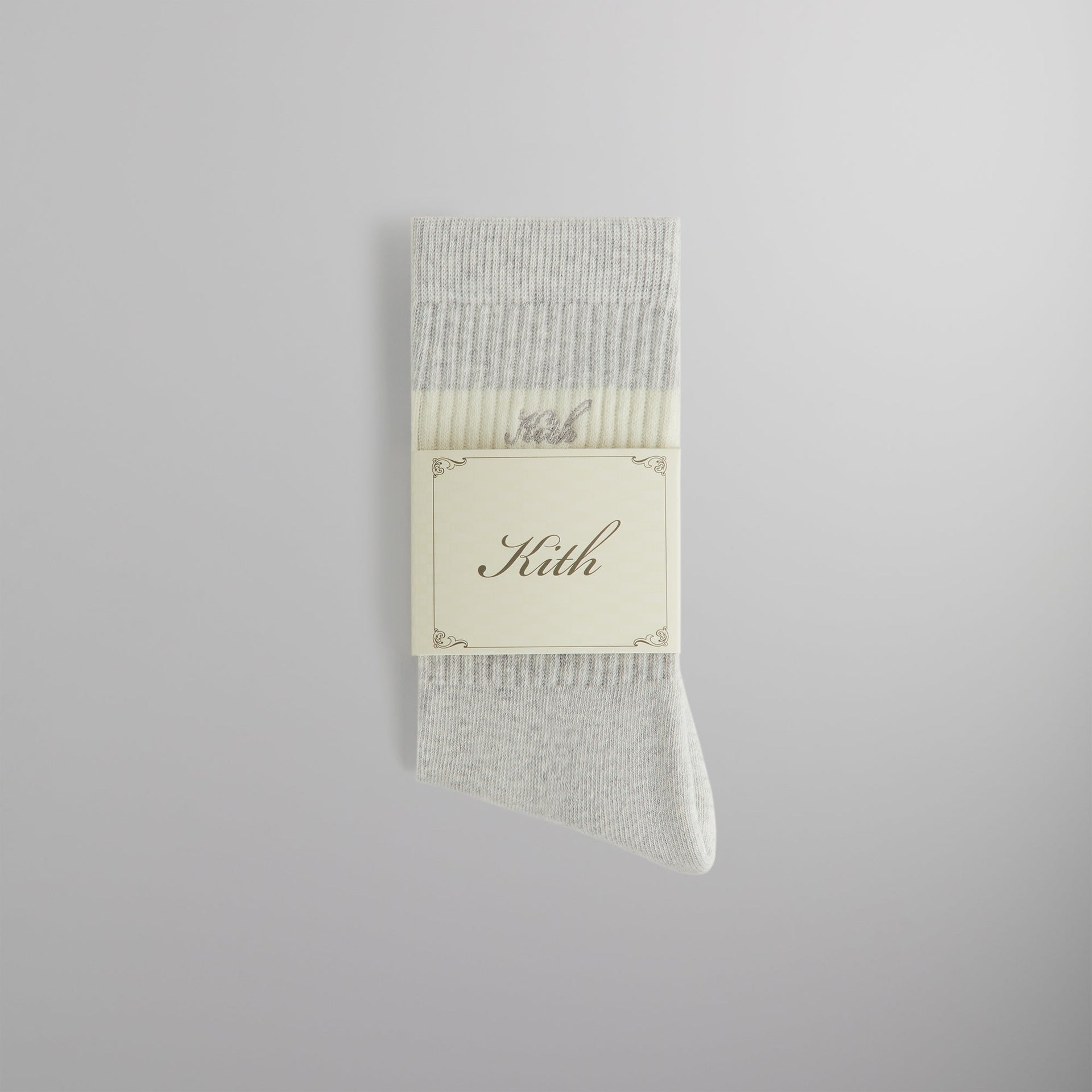 Kith Double Stripe Script Embroidered Cotton Crew Socks - Light Heather Grey