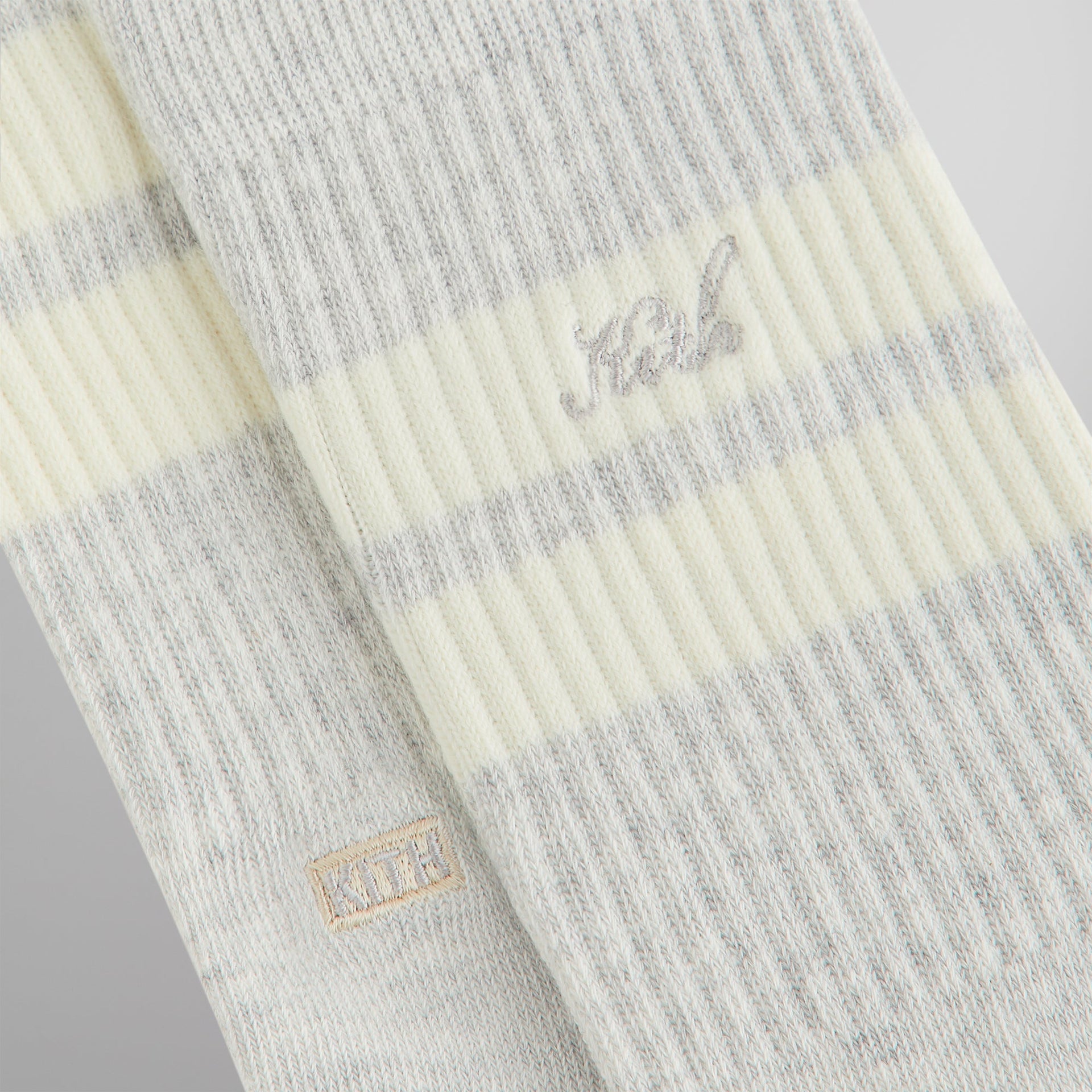 Kith Double Stripe Script Embroidered Cotton Crew Socks - Light Heather Grey