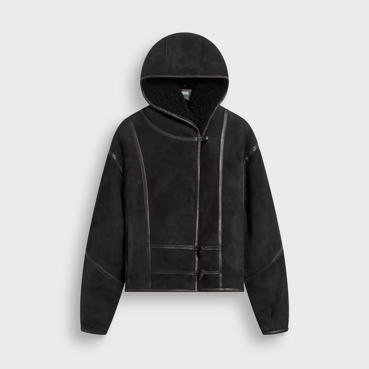 &Kin Shearling Rio Jacket in black, front view, hooded suede jacket with toggle closures and shearling lining