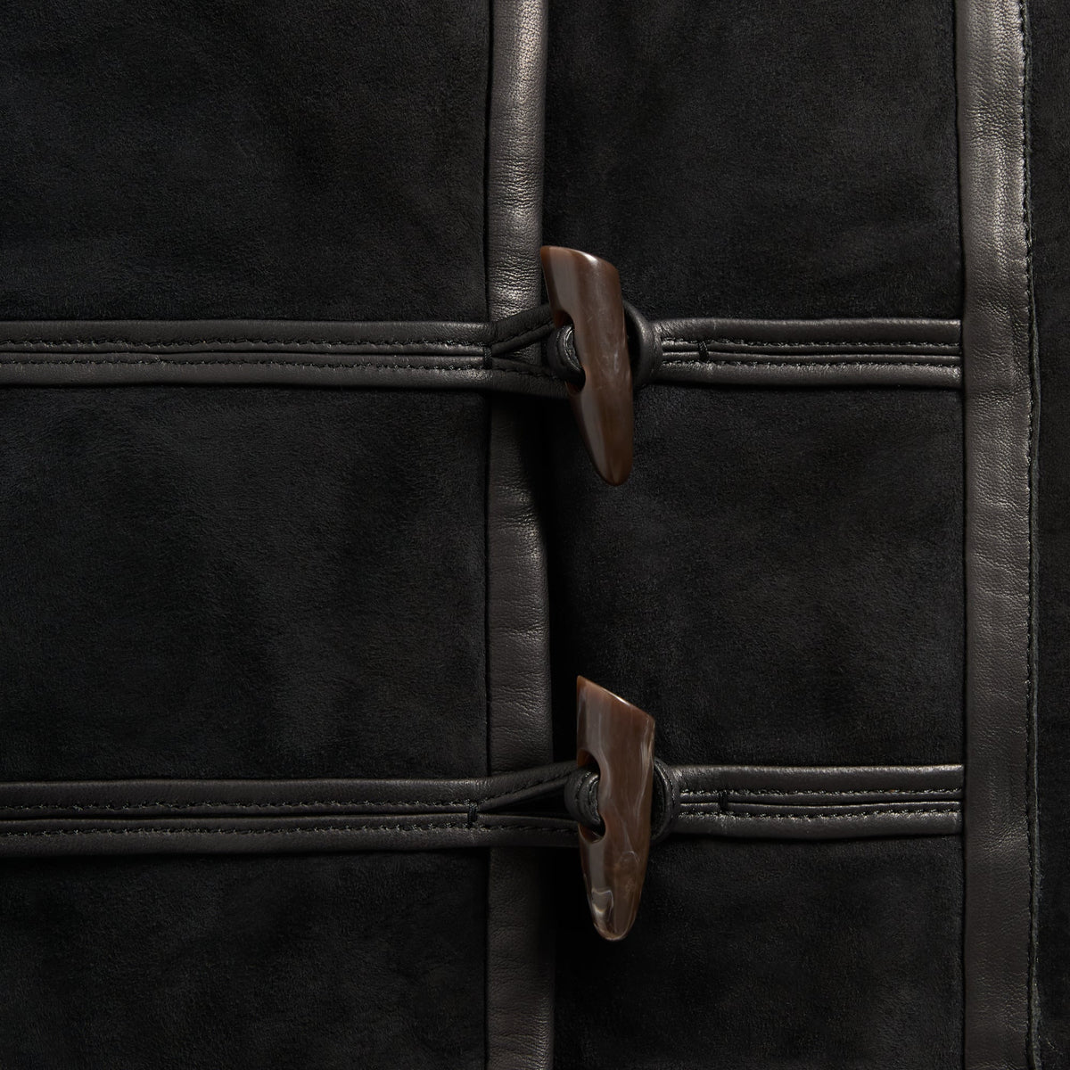 Close-up of the wooden toggle closures on the black &Kin Shearling Rio jacket