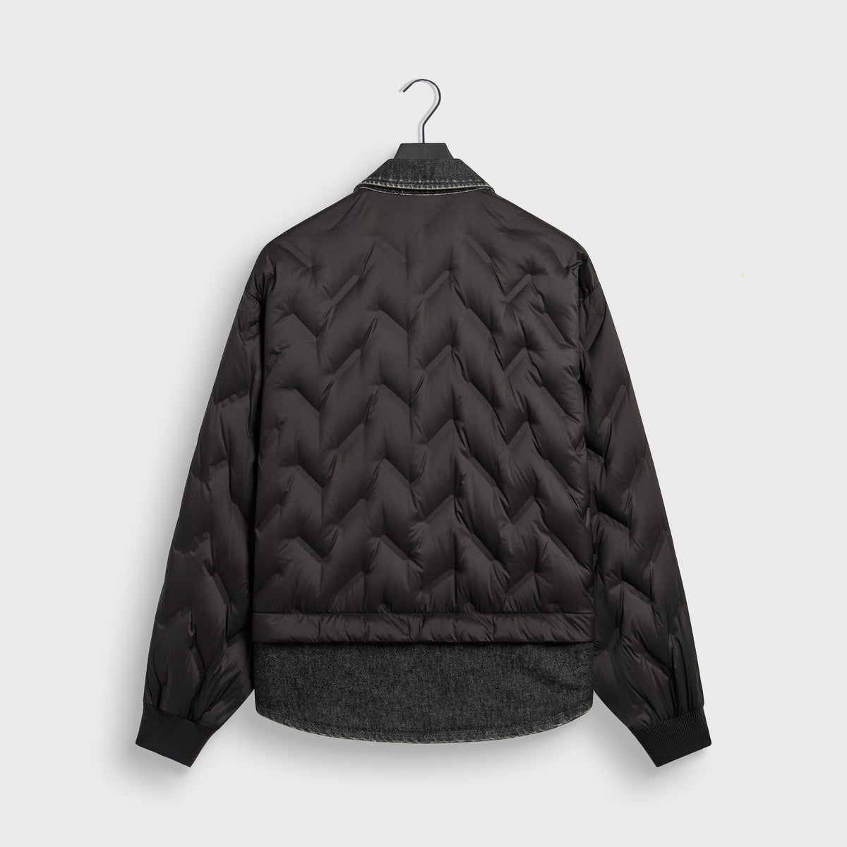 Kith Quilted Denim Gertie Shirt in black, back view, quilted with washed denim hem