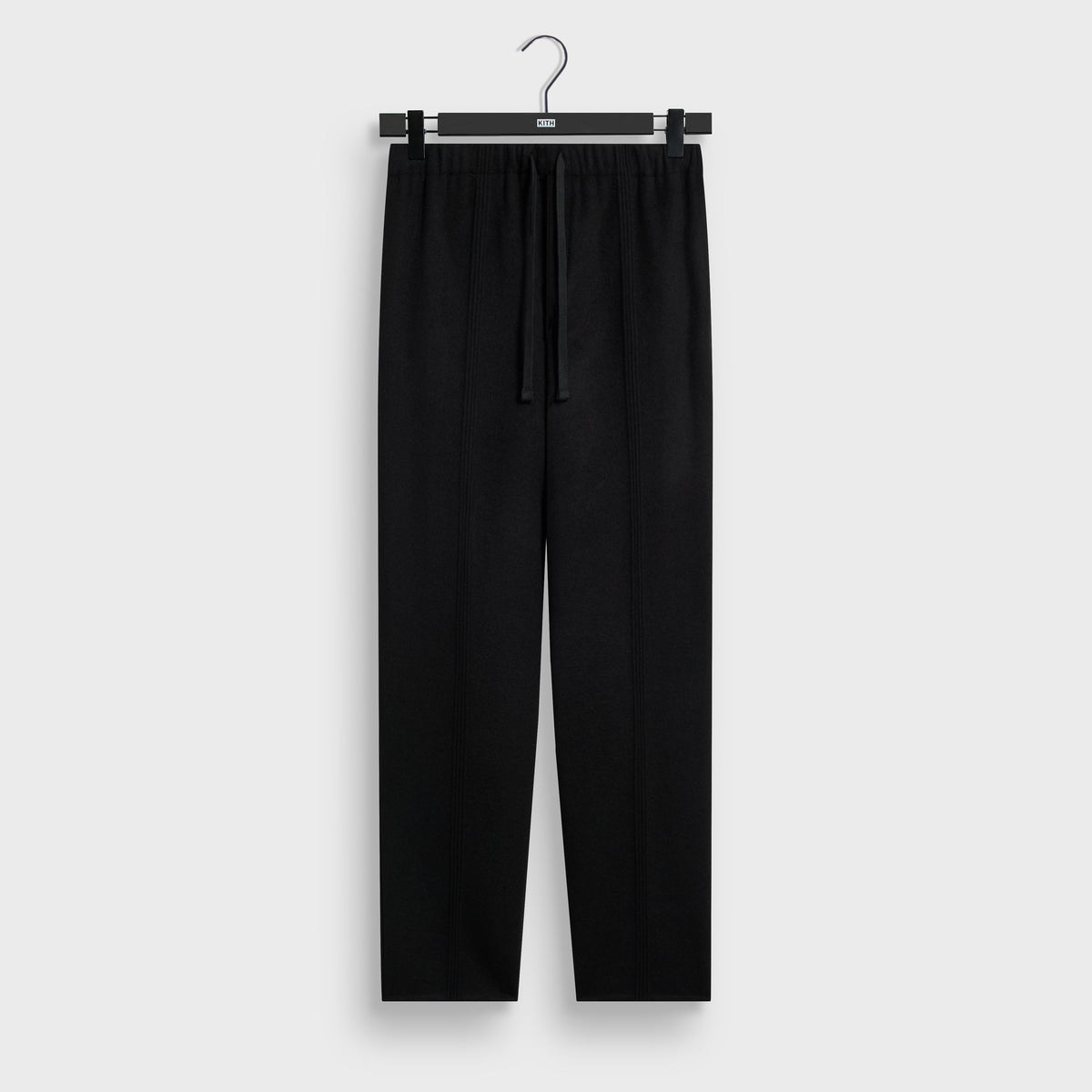 Kith Double-Face Wool Avi Pant in black, front view, drawstring wool trousers