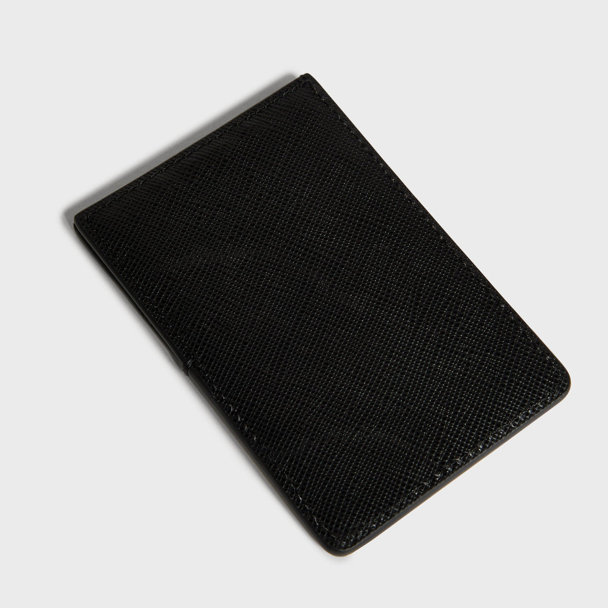 Angled back view of the black Kith Magsafe saffiano leather wallet