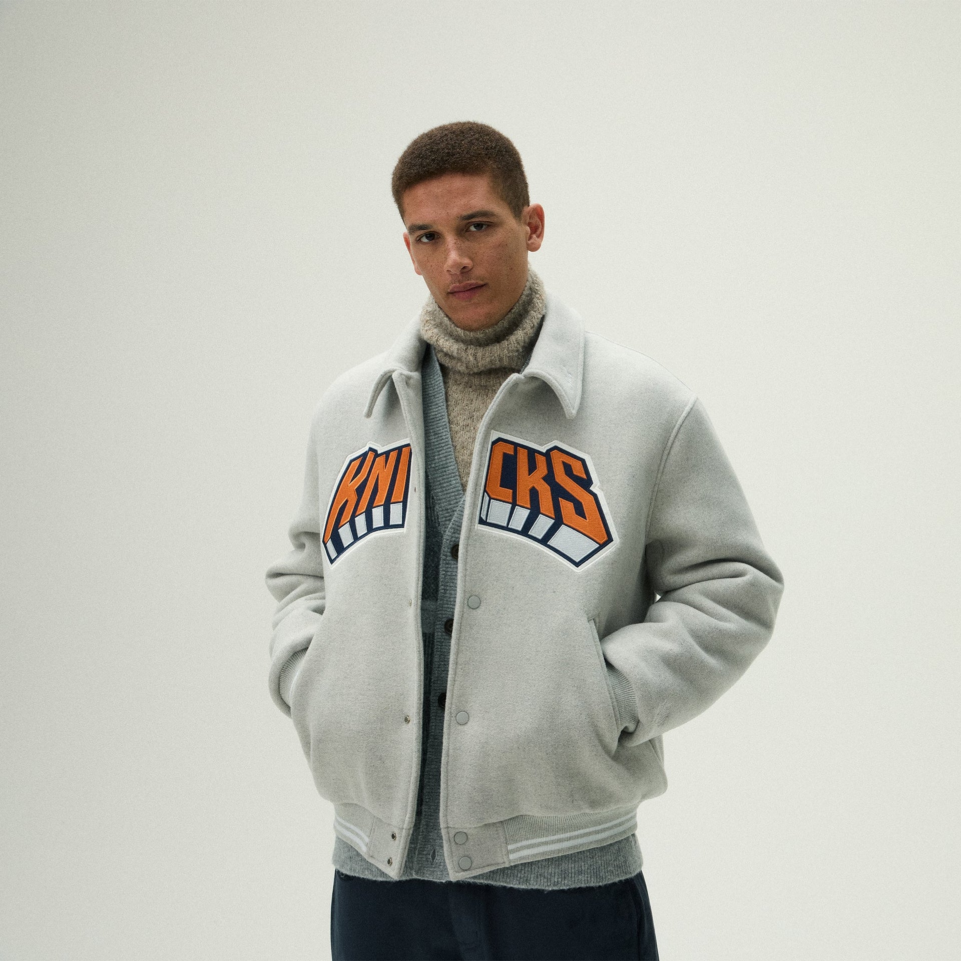 Kith for the New York Knicks Empire Wool Coaches Jacket - Light Heather Grey