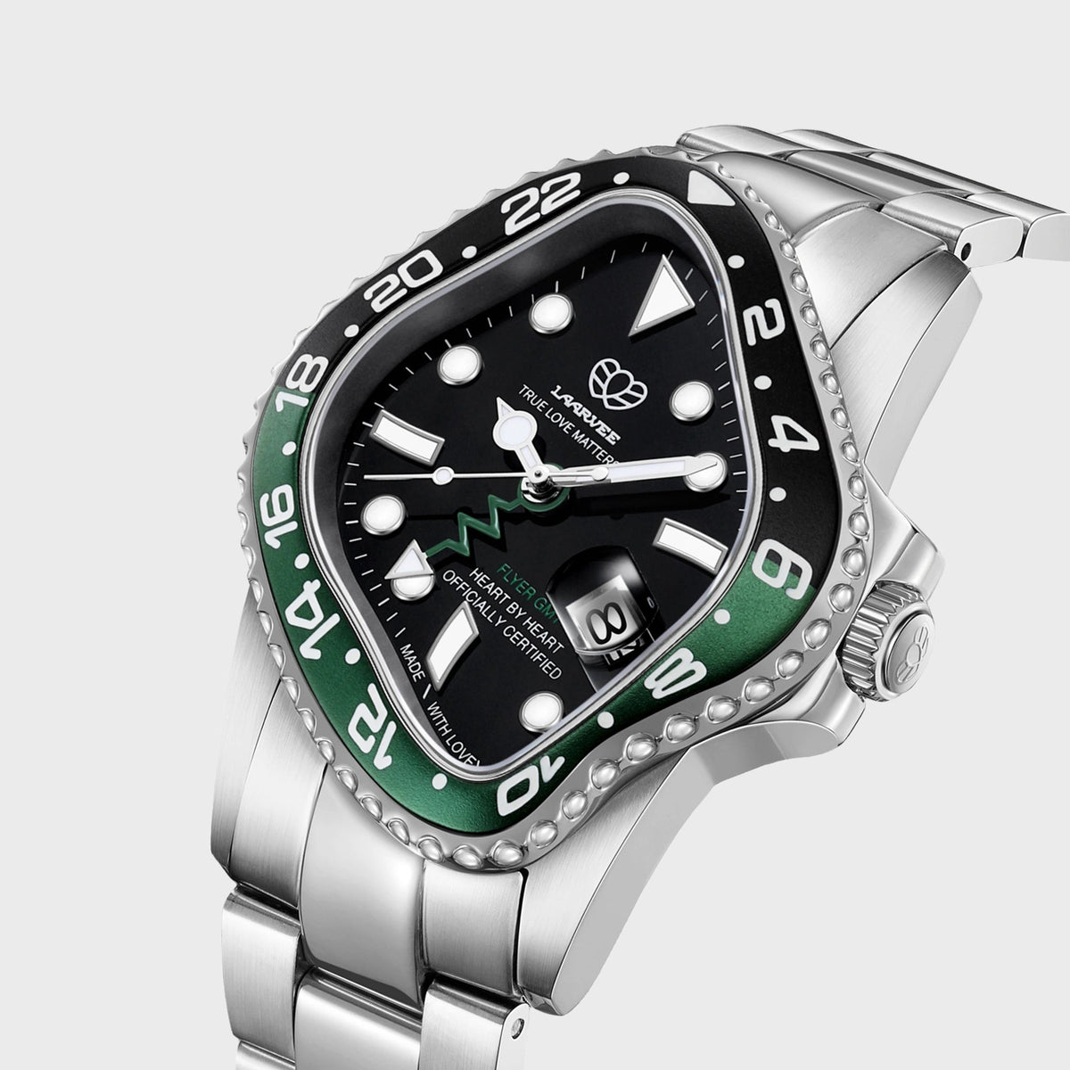 LAARVEE Silver Precision Steel - Black / Green Aluminum Bezel / Black Dial
