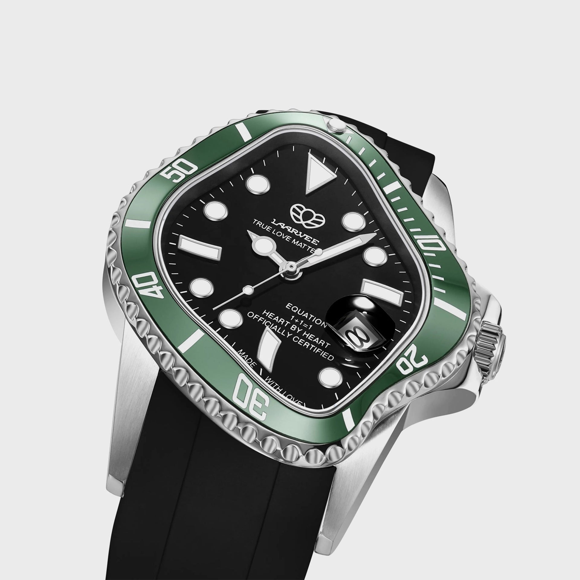 LAARVEE Silver Precision Steel - Green Ceramic Bezel / Black Dial / Black Rubber Belt